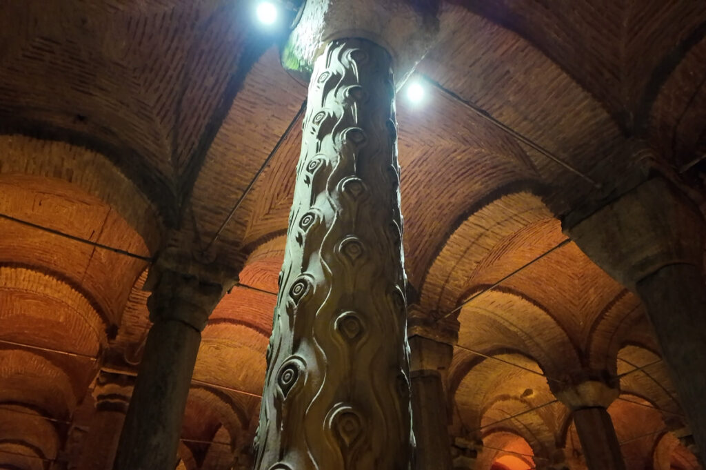 The Weeping Column in the Basilica Cistern, Istanbul. Its surface is carved with tear-shaped patterns, symbolizing the memory of workers and slaves who died during construction.