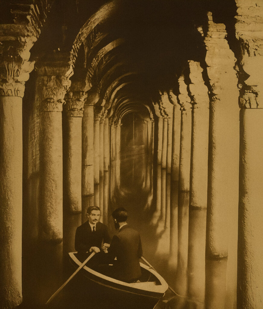 Historical photo of the Basilica Cistern in Istanbul, showing people in a boat among the ancient columns