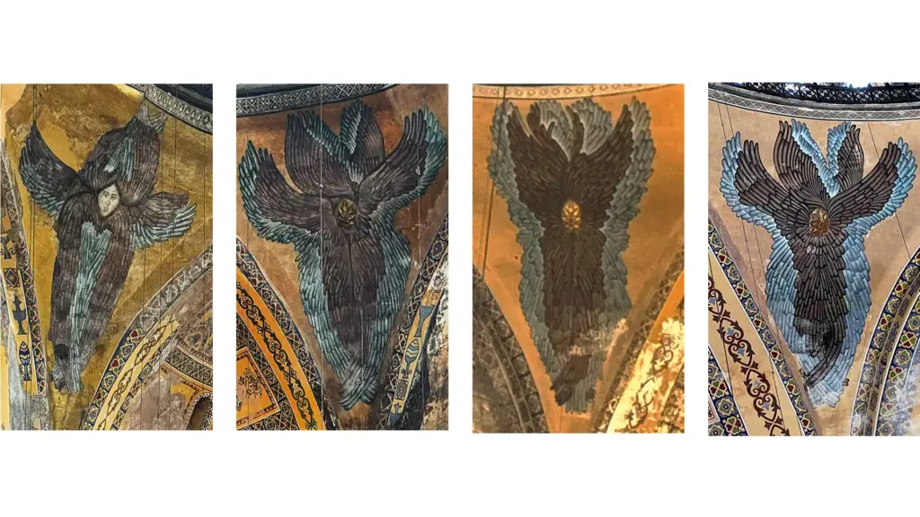 The four Seraphim angels with six wings adorning the pendentives of the Hagia Sophia dome in Istanbul, symbolizing divine protection over the sacred space.