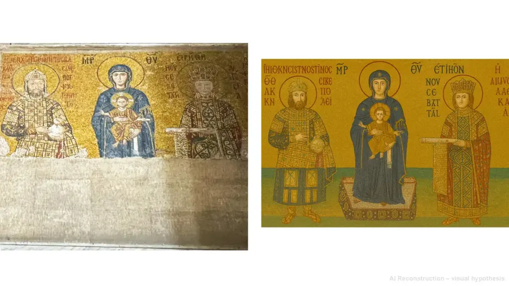 The 12th-century Comnenus donor mosaic in the south gallery of Hagia Sophia, depicting the Virgin Mary with the Christ Child between Emperor John II Comnenus and Empress Irene. The left image shows the current condition of the mosaic, while the right image is an AI-assisted reconstruction of its original appearance.