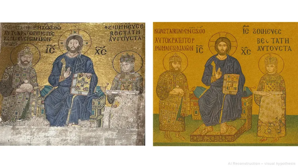 The 11th-century Empress Zoe mosaic in Hagia Sophia’s south gallery, showing the Virgin Mary and Christ between Emperor Constantine IX Monomachos and Empress Zoe. The left image shows the original mosaic’s current condition, and the right image is an AI reconstruction of how it likely appeared in its original form.
