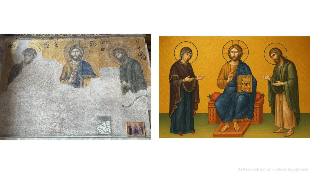 Comparison of the Deësis mosaic in Hagia Sophia’s upper south gallery: the left shows the current 13th-century Byzantine mosaic of Christ with the Virgin Mary and John the Baptist, and the right shows an AI-assisted visual reconstruction of its original appearance.