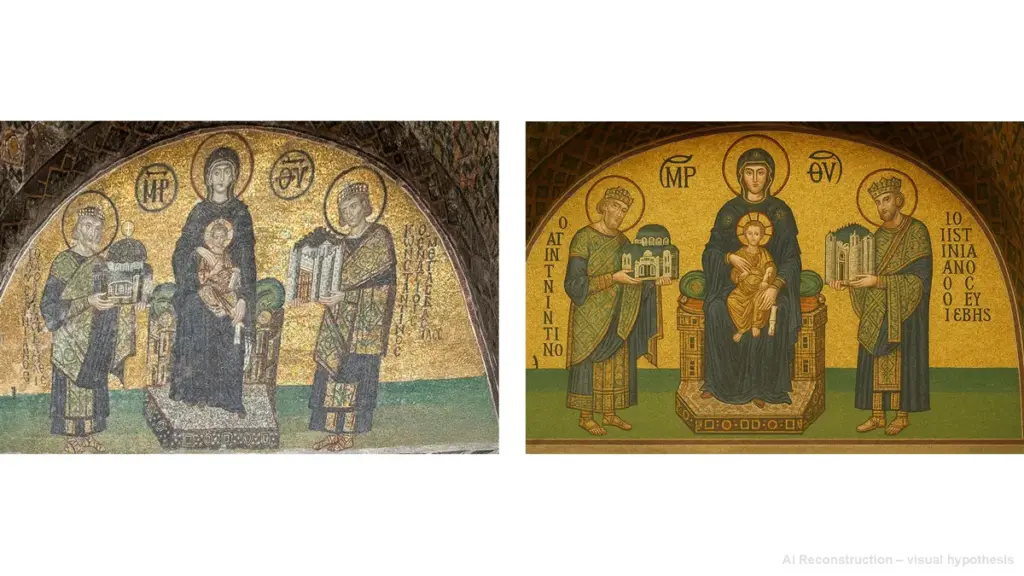 The Virgin and Child mosaic with Emperor Constantine I and Emperor Justinian I in the southwest vestibule of Hagia Sophia. The left image shows the original 10th–11th century mosaic, and the right image presents an AI reconstruction illustrating its likely original appearance.