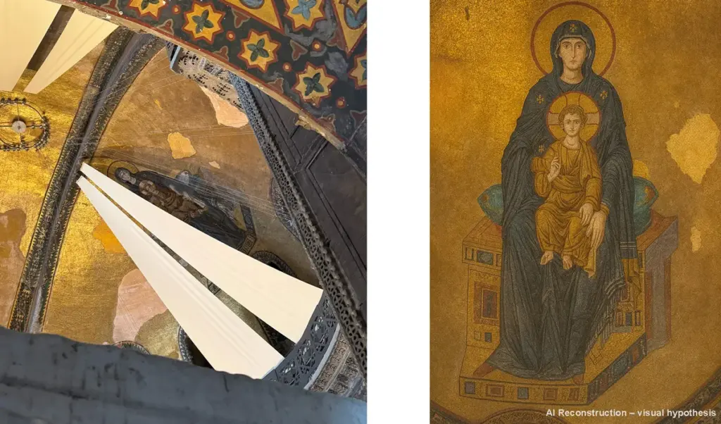 The Virgin and Child mosaic and the apse image of Jesus and Mary in Hagia Sophia. The left photo shows the original mosaic partially veiled during Islamic prayers, visible only from the upper gallery. The right image is an AI reconstruction illustrating how the full mosaic may have originally appeared.