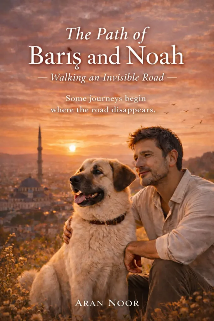 A man and his dog overlooking a sunset city in Turkey, representing the story of Barış and Noah walking an invisible road