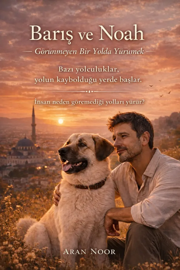 Türkiye’de gün batımında şehre bakan bir adam ve köpeği, Barış ve Noah’ın görünmeyen bir yolda yürüyüş hikayesini temsil eder