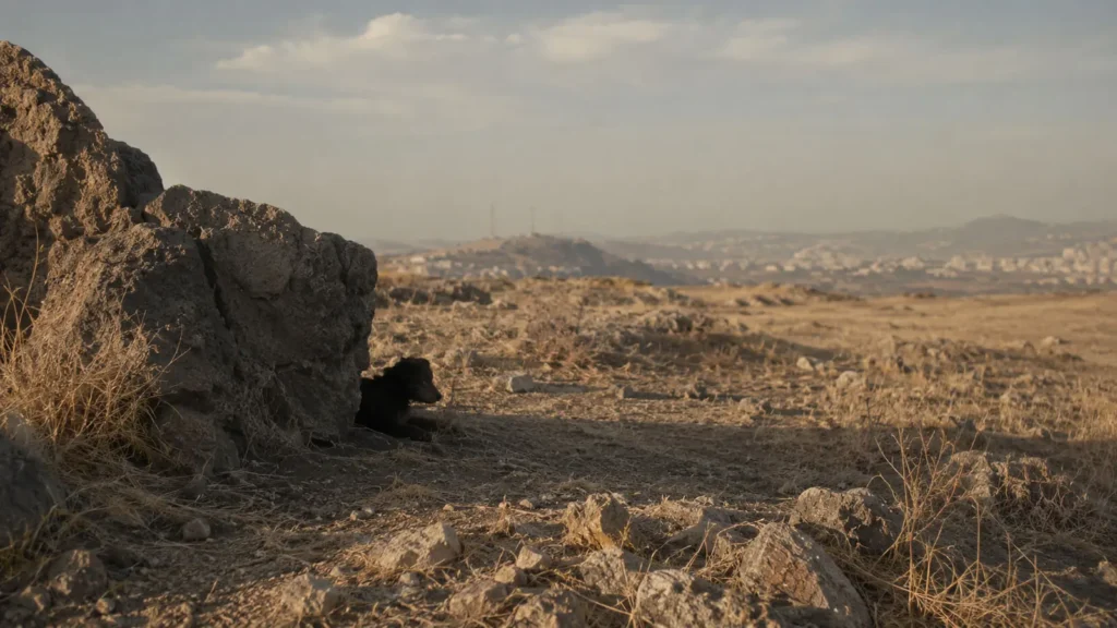 A dark dog-like shadow resting beside rocks on a quiet hillside overlooking Ankara