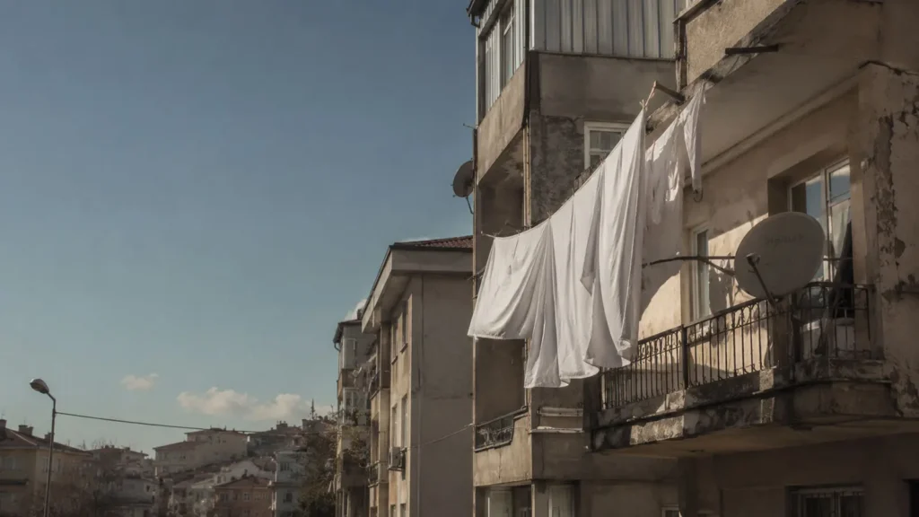 White laundry hanging outside an old apartment in Ankara under morning light