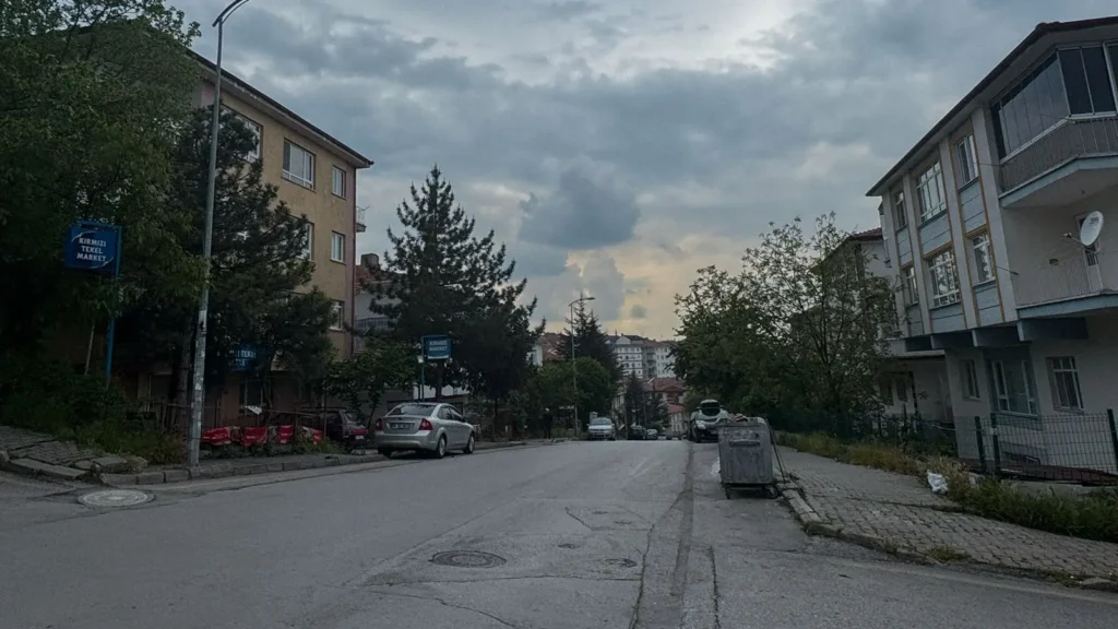 Quiet residential street in Ankara under a cloudy morning sky