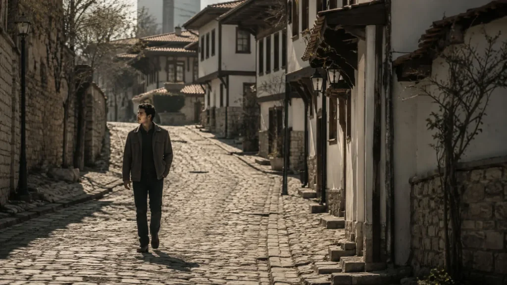 Barış walking alone through a quiet stone street in Hamamönü