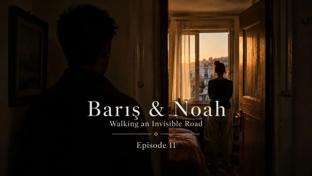 Barış standing in a dark hallway while Deniz looks out a window in an Ankara apartment at sunset
