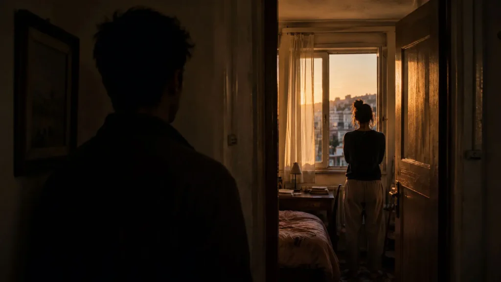 Barış standing in a dark hallway while Deniz faces the window in an Ankara apartment at sunset