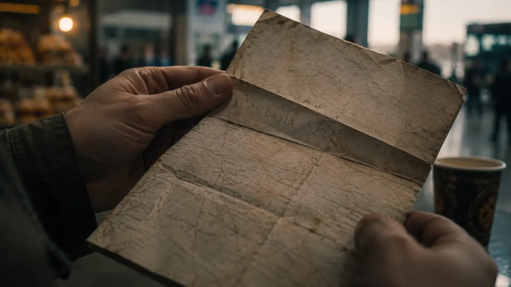 Barış holding an old map inside Ankara bus terminal