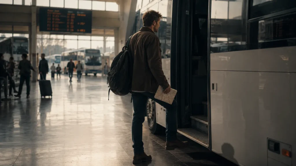 Barış stepping onto a long-distance bus in Ankara terminal