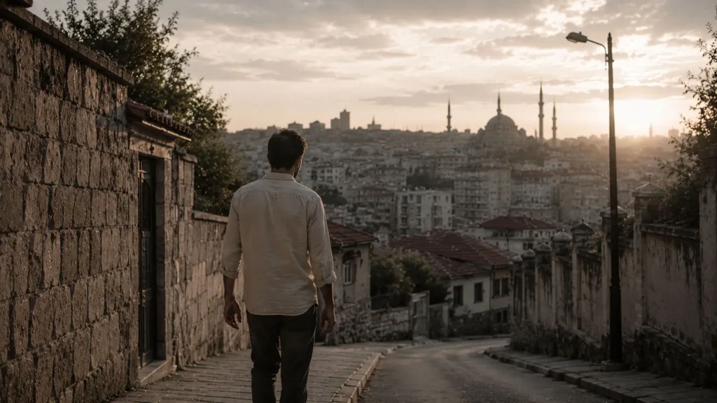 Barış walking alone through a quiet Ankara street at dusk