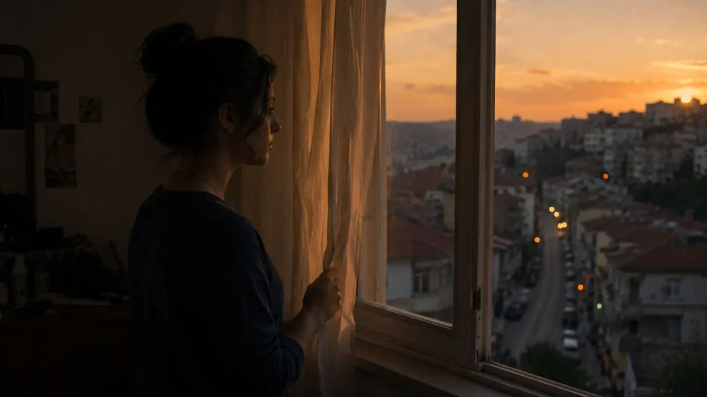 A young woman looking out over Ankara from an apartment window at sunset