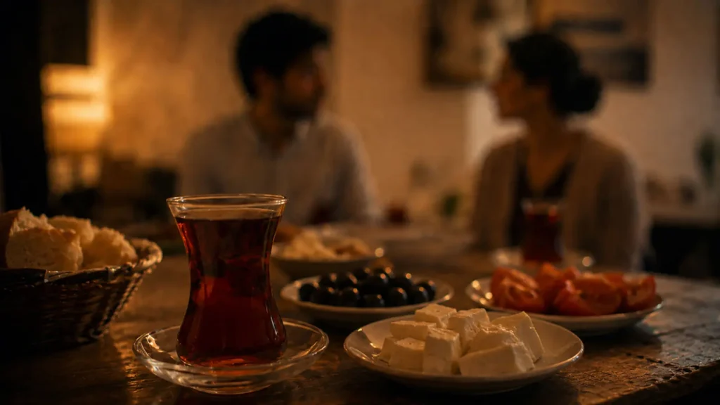 Turkish tea and quiet family dinner in an Ankara apartment