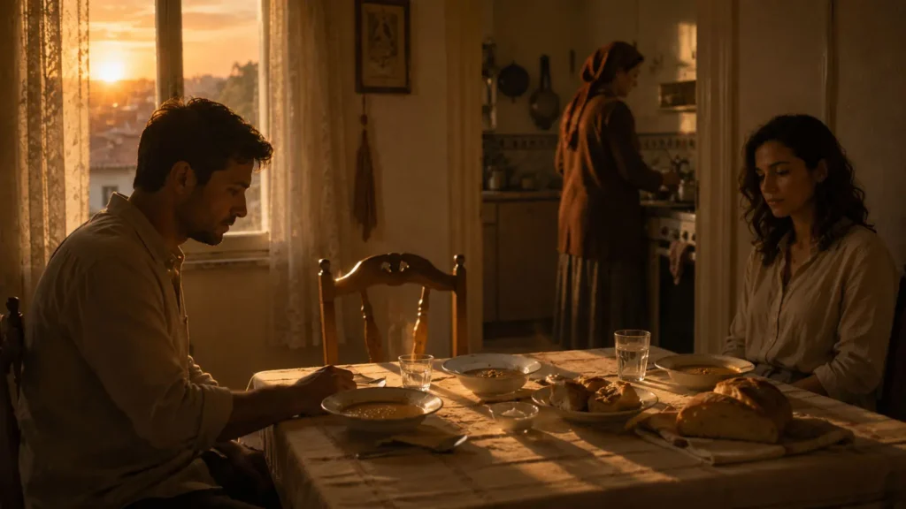 Quiet family dinner in Ankara at sunset with warm cinematic light