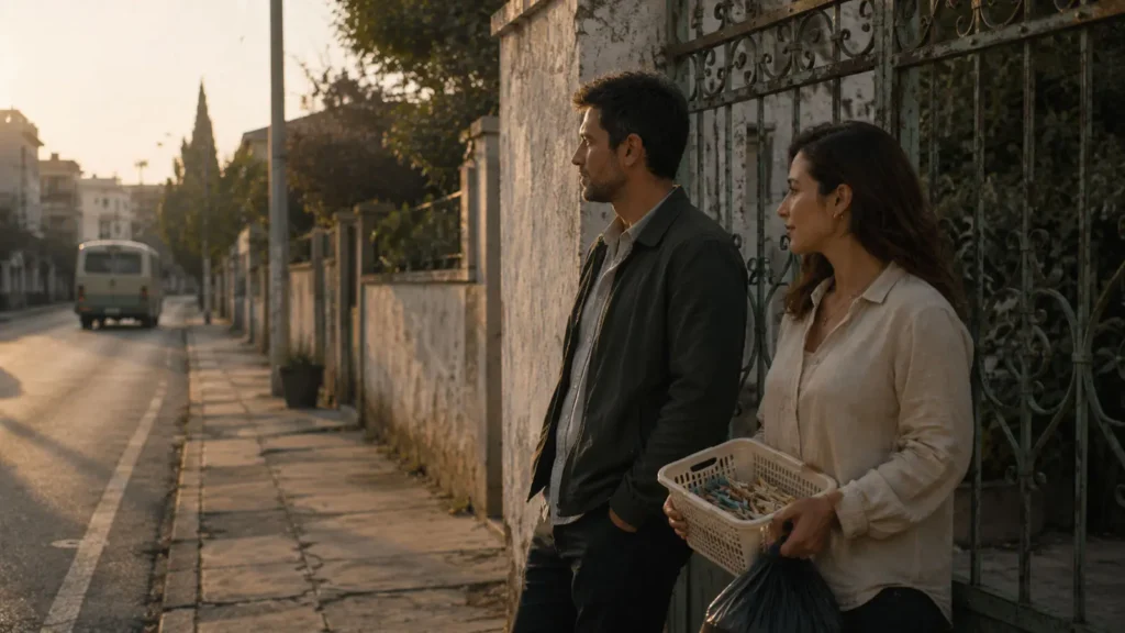 Barış and Deniz standing quietly outside their family home in Ankara