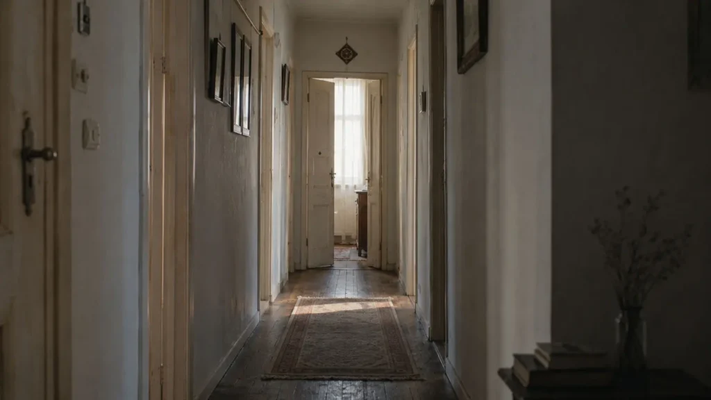 Quiet apartment hallway with soft morning light in Ankara