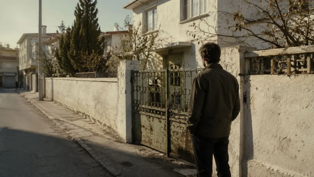 Old stone gate and quiet residential street in Ankara at morning light