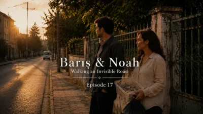 Barış and Deniz standing quietly outside their family home in Ankara at sunset