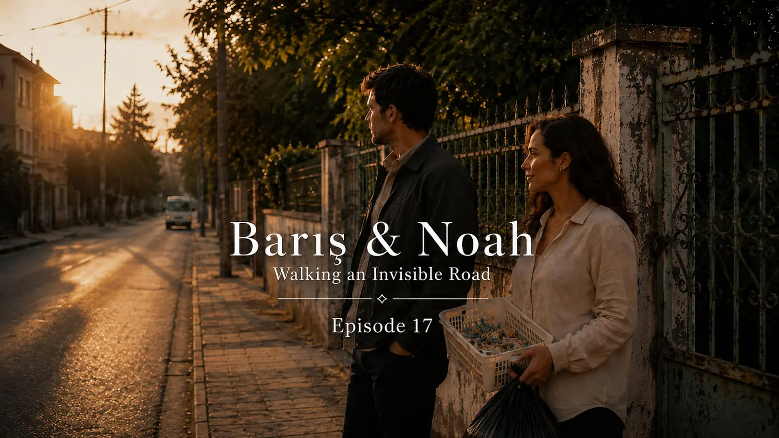 Barış and Deniz standing quietly outside their family home in Ankara at sunset