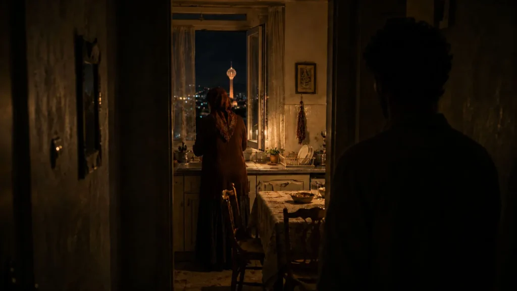 Barış watching Emine from a dark hallway in an Ankara apartment