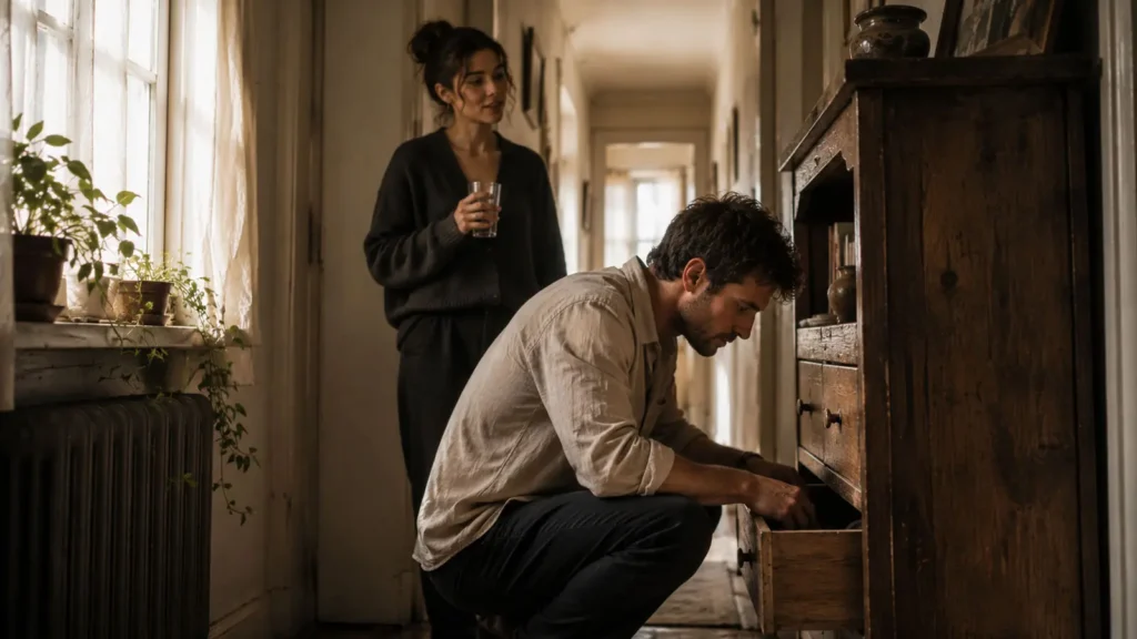 Barış opening an old wooden drawer while Deniz watches in a quiet Ankara hallway