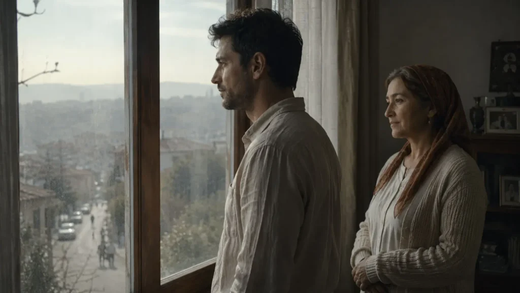 Barış and Emine standing silently beside a window in an Ankara apartment