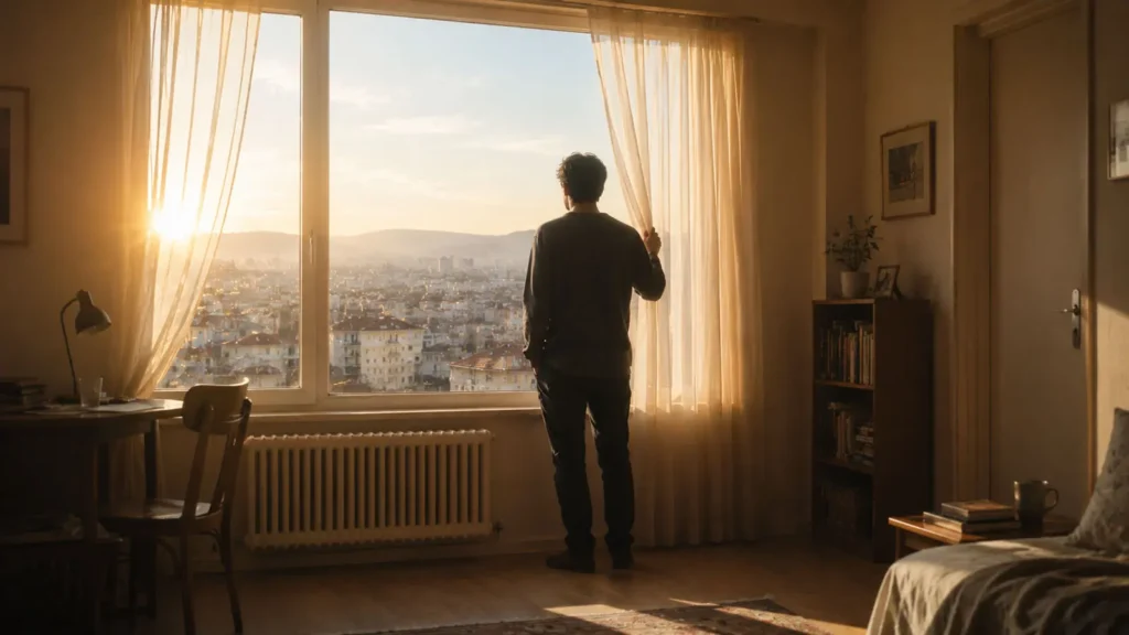 Barış standing quietly by a window overlooking Ankara in the early morning light