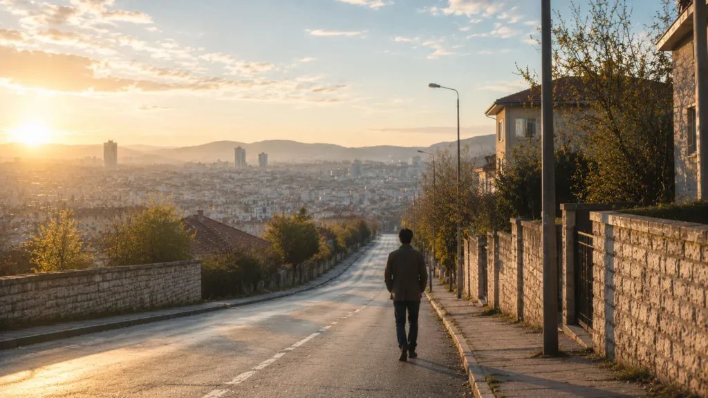 Barış walking alone on a quiet road in Ankara at sunrise