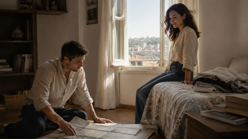 Barış and Deniz looking at an old map in a quiet Ankara room