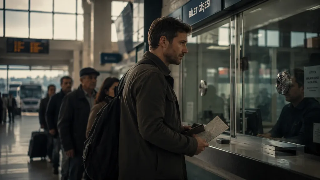Barış waiting at the ticket counter in Ankara bus terminal