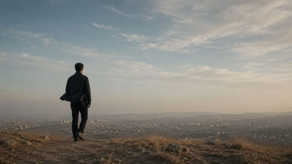 Barış standing alone on a hillside overlooking Ankara under a wide evening sky