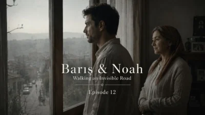 Barış and Emine standing quietly by a window in an Ankara apartment at dawn