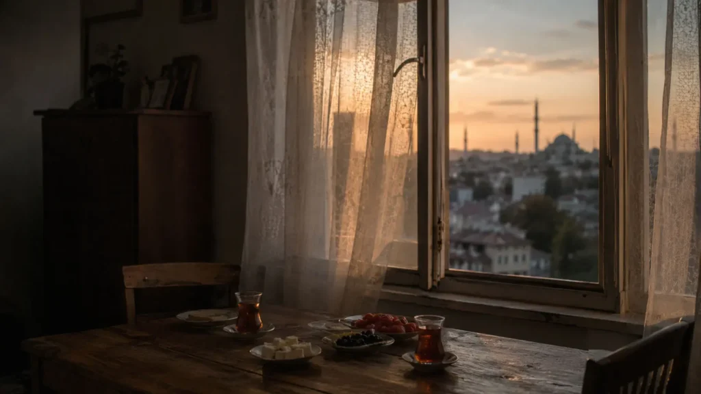 Quiet dinner table beside an open window in Ankara at sunset