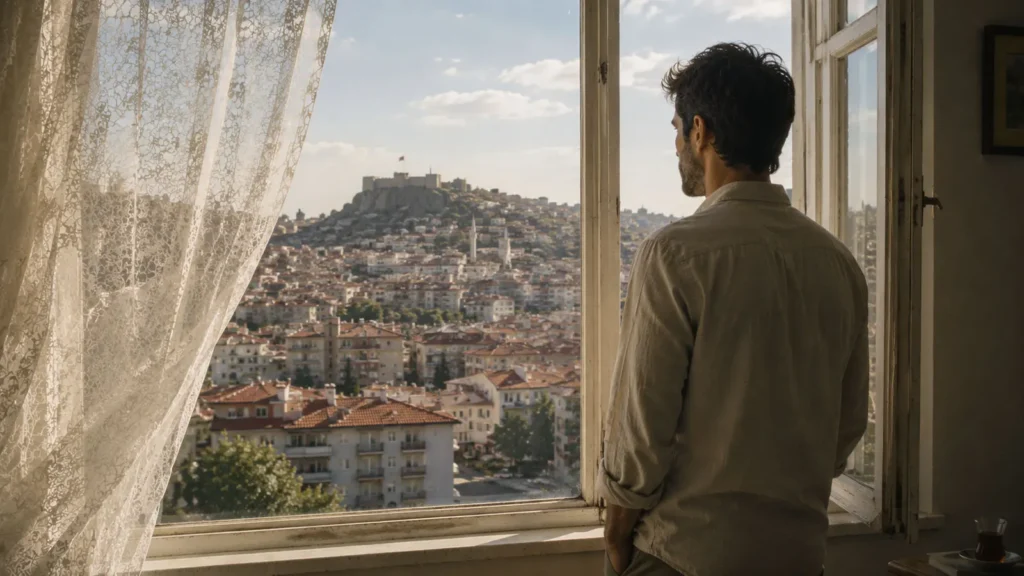 Barış standing quietly by a window overlooking Ankara Castle