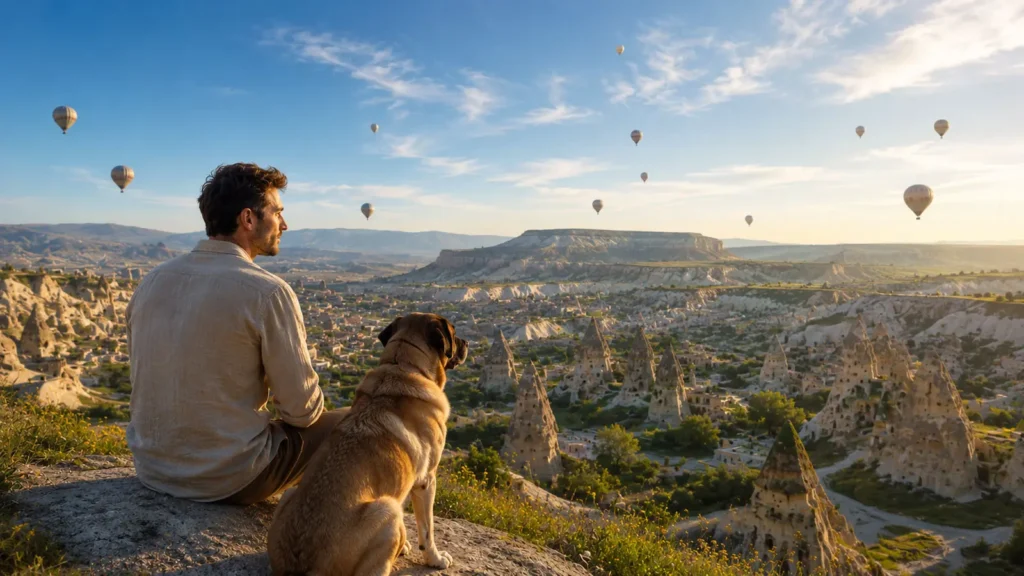 Barış and Noah overlooking the valleys of Cappadocia in the morning light