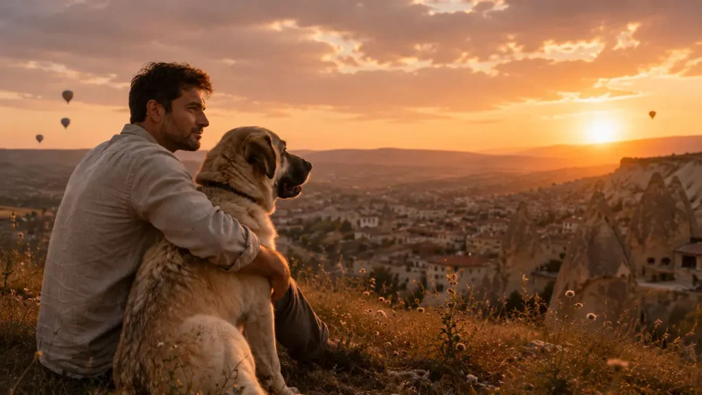 Barış and Noah overlooking Cappadocia at sunset