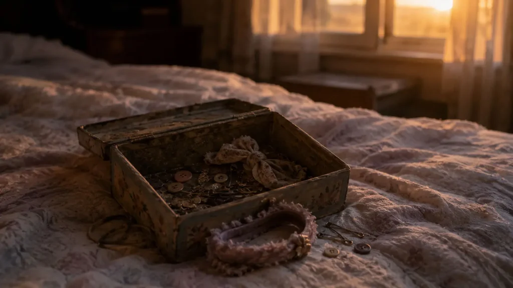 An old memory box with hair accessories and buttons on a bed at sunset in Ankara