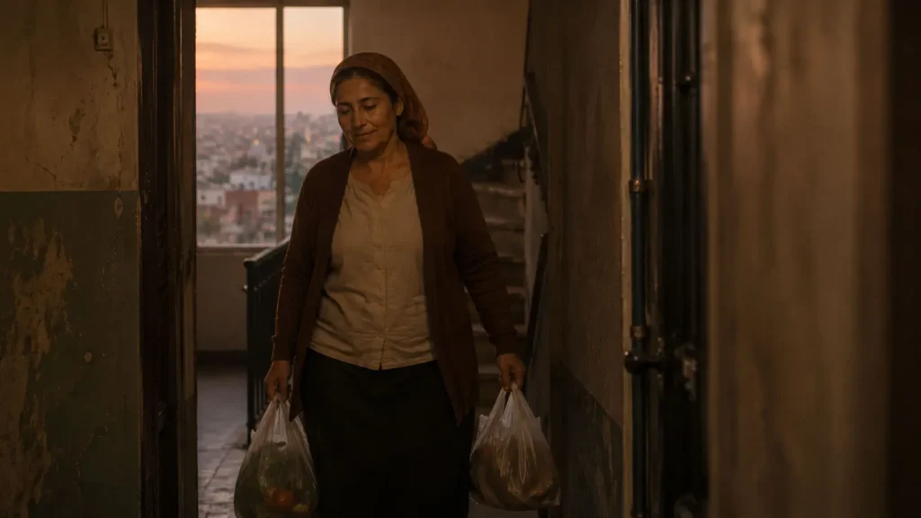 Emine carrying grocery bags through an old Ankara apartment hallway at dusk