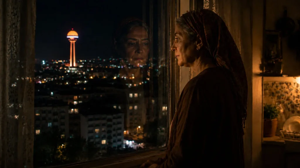 Emine standing by a window at night with Atakule in the distance