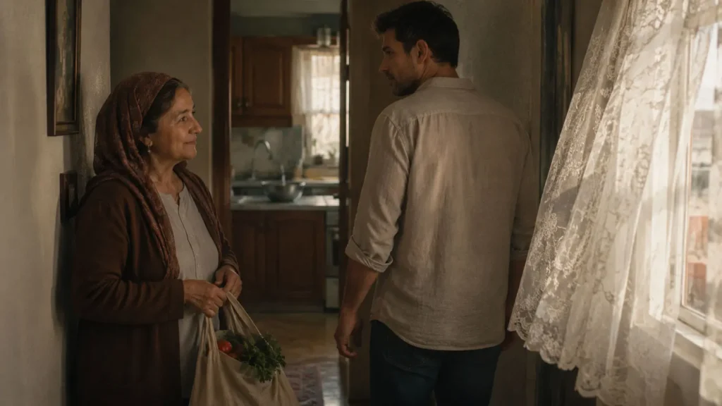 Emine and Barış standing quietly in a dim Ankara hallway
