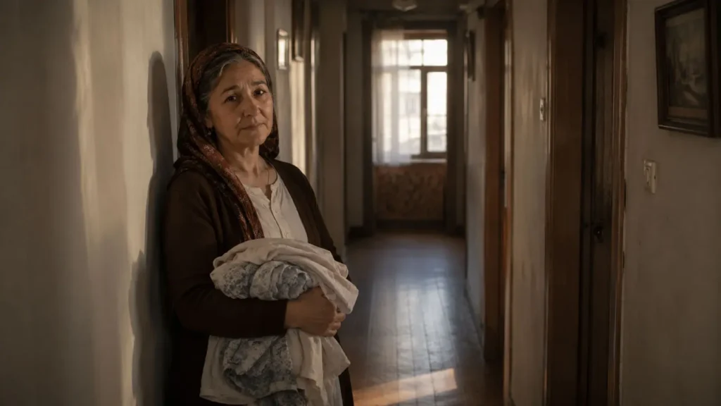 Middle-aged woman standing quietly in an apartment hallway holding laundry