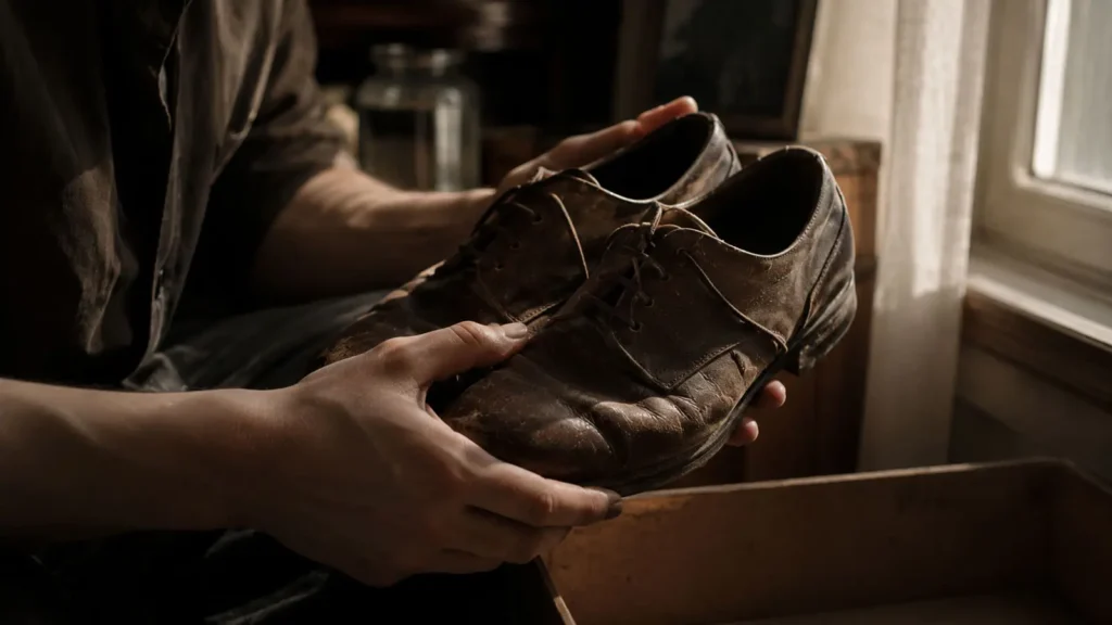 Hands holding worn brown leather shoes in a quiet Ankara apartment