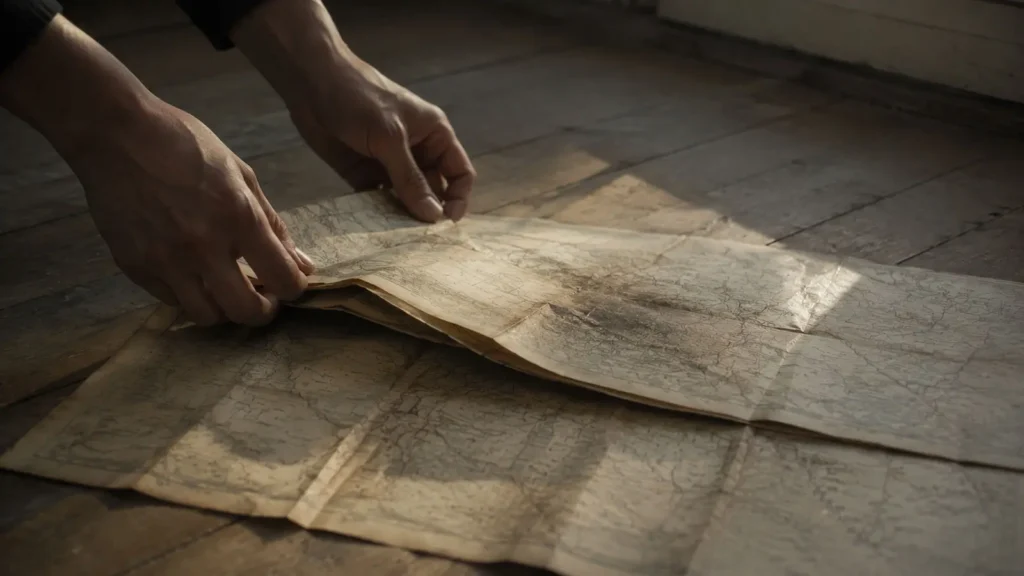 Hands folding an old map on a wooden floor in soft morning light