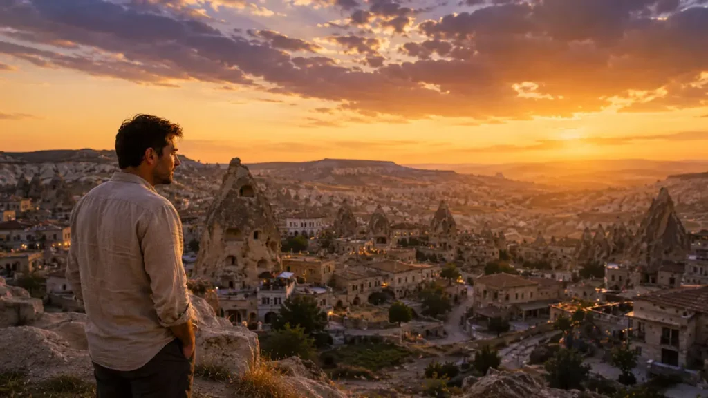 Barış overlooking Göreme at sunset in Cappadocia