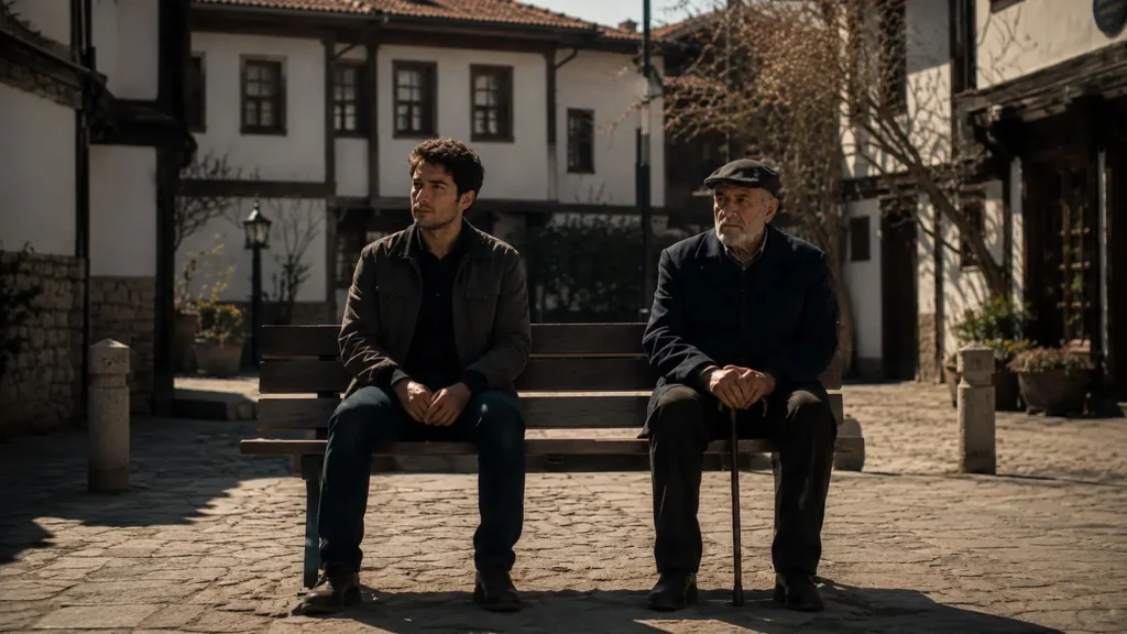 Barış sitting beside an old man on a bench in Hamamönü, Ankara