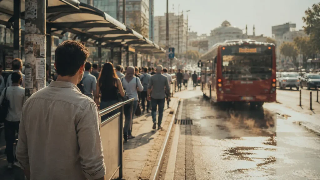 Barış watching people board a bus in Kızılay, Ankara